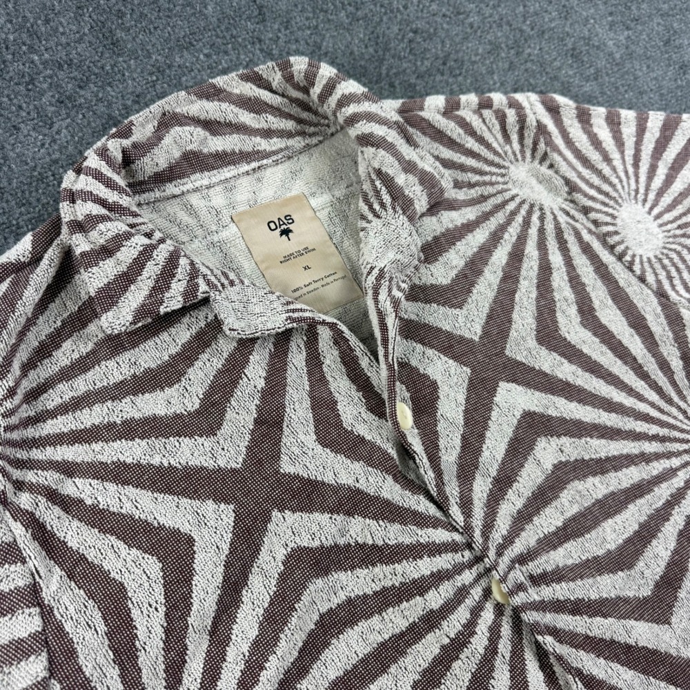 OAS Terry Shirt XL Brown Geometric Sunburst Short Sleeve Button Up Men's